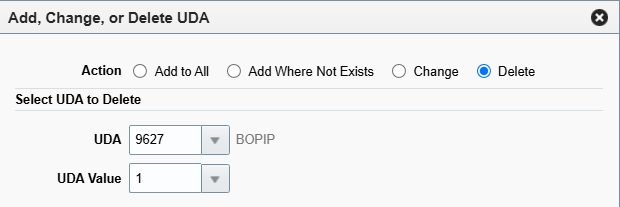 Add, Change, or Delete UDA window with Action Delete, UDA 9627 BOPIP and UDA Value 1.