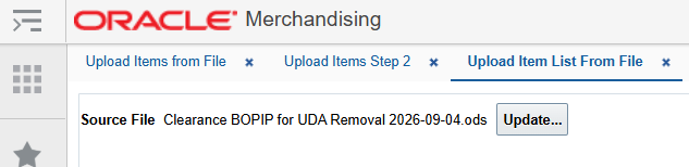 Upload Item List From File tab with the dated Clearance BOPIP .ods file selected as the source file.