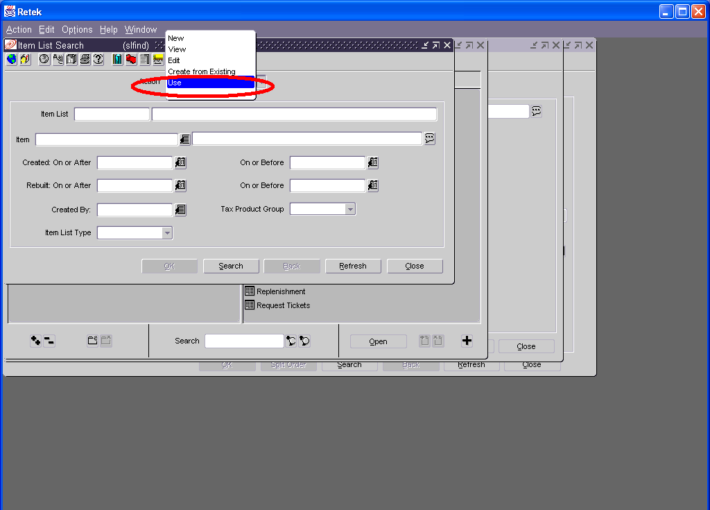 Item List Search with the Use option circled in the drop-down.