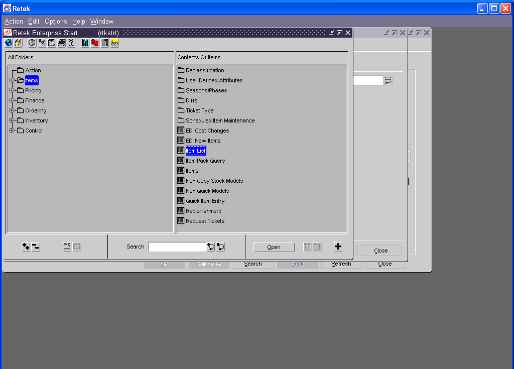 Retek Enterprise Start with Item List selected in the Items folder.