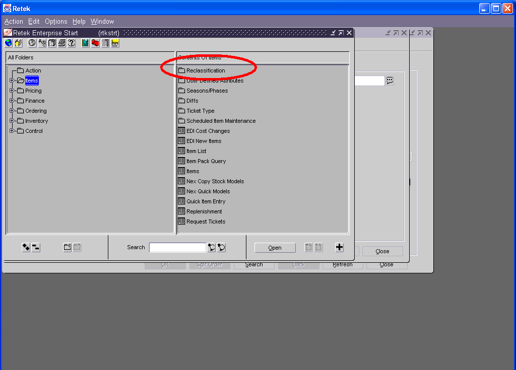Retek Enterprise Start with the Items folder open and Reclassification circled.