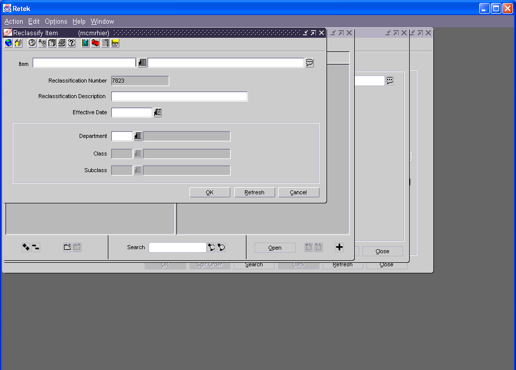 Reclassify Item window with Item, Reclassification Number, Description, Effective Date and hierarchy fields.
