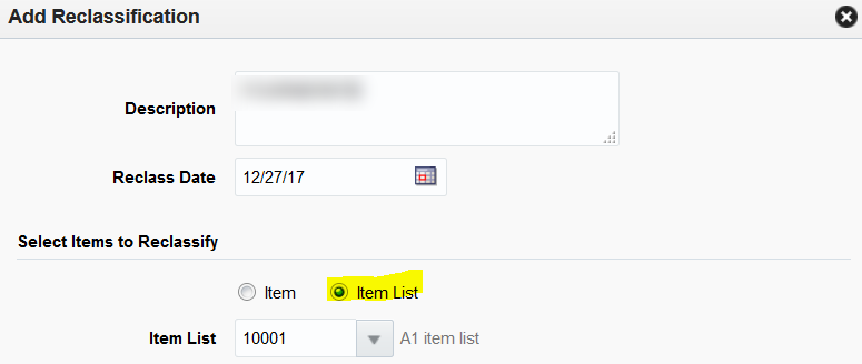 Item List selected with an item list number entered.