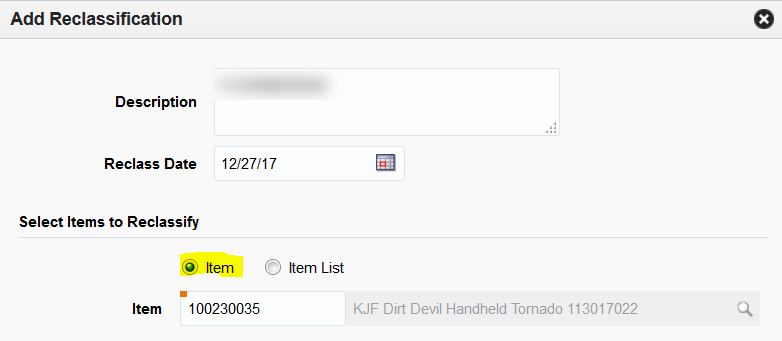 Item selected with a Parent-level item number entered.