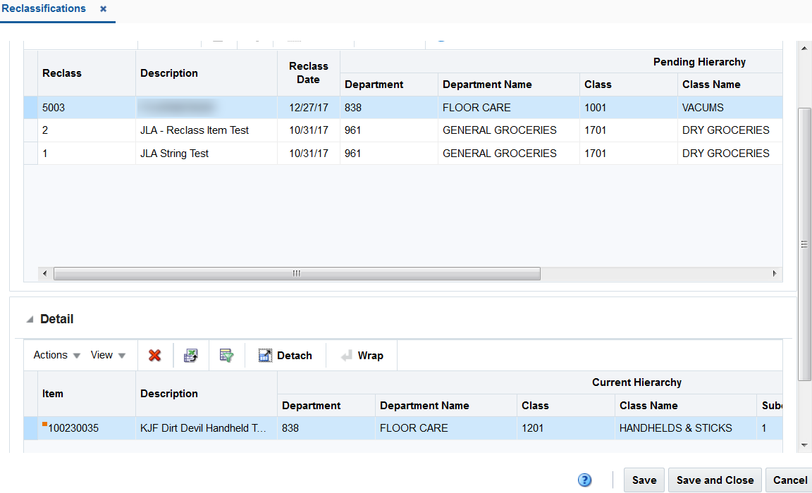 Reclassifications grid with a selected re-class and its item shown in the Detail section.