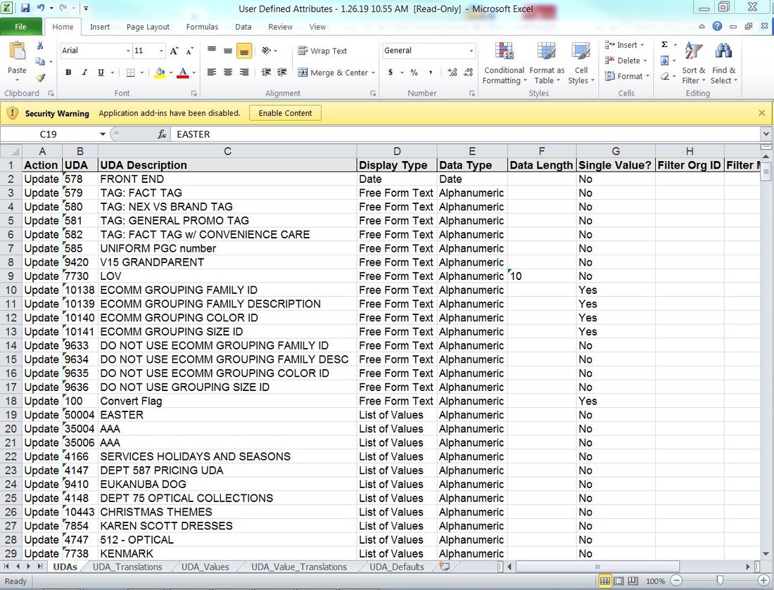 UDAs tab of the downloaded workbook with Update in the Action column.