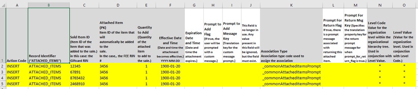 Example TPGCAttachFee rows with ATTACHED_ITEMS records.
