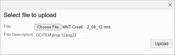 Select file to upload dialog with Choose File, File Description and Upload.
